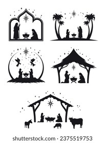 Christian characters holy night sacred religious black silhouette set vector flat illustration. Christianity Bible religion family and sheep celebrate holiday at hut with angel palm trees stars