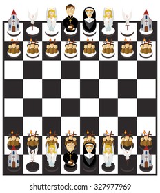 Christian chessboard and character set of chess pieces. Flat style design. Vector illustration