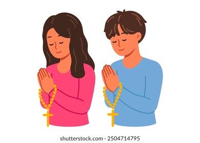 Christian children pray holding rosary with religious crosses and turning to god. Christian boy and girl from elementary school, demonstrating peace and humility before lord from bible