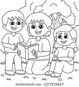 Niños cristianos leyendo una página de colores de la Biblia 