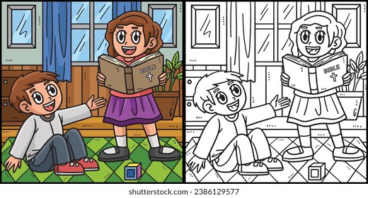 Christian Children Reading the Bible Illustration