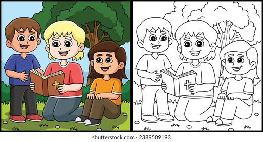 Christian Children Reading a Bible Illustration