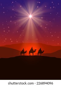 Christian Christmas background with shining star on night sky and three wise men, illustration.