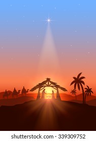 Christian Christmas background with shining star, birth of Jesus, illustration.