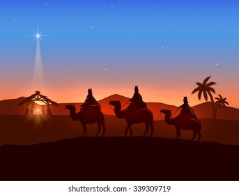 Christian Christmas Background With Three Wise Men And Shining Star, Birth Of Jesus, Illustration.