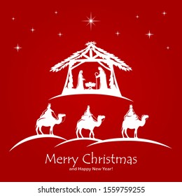 Christian Christmas. Birth of Jesus, shining star and three wise men on red background. Illustration can be used for holiday design, cards, clothing or things design, invitations, postcard and banners