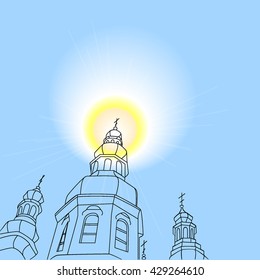 Christian christmas church with a halo. Vector illustration. Can be used for design, greeting card, invitation, sign, banner.