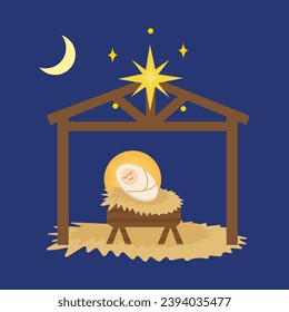 Christian Christmas element of set. Demonstration of the meaning of Christmas with this colorful image featuring a Christian scene against a dark background. Vector illustration.