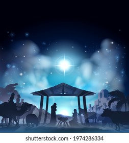 Christian Christmas Nativity Scene of baby Jesus in manger, Mary and Joseph in silhouette surrounded by animals and three wise men magi. City of Bethlehem in the distance. Vertical with copyspace