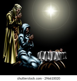 Christian Christmas Nativity Scene of baby Jesus in the manger with Mary and Joseph with the star above