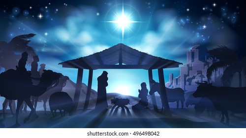 Christian Christmas Nativity Scene of baby Jesus in the manger with Mary and Joseph in silhouette surrounded by animals and the three wise men magi with the city of Bethlehem in the distance