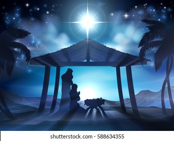 Christian Christmas Nativity Scene of baby Jesus in the manger with Mary and Joseph in silhouette and palm trees