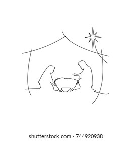 Christian Christmas Nativity Scene of baby Jesus in the manger with Mary and Joseph vector illustration black outlines, isolated on white background