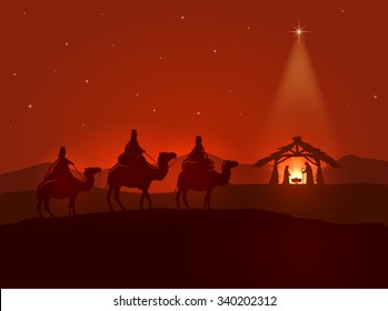 Christian Christmas night, shining star, three wise men and the birth of Jesus, illustration.