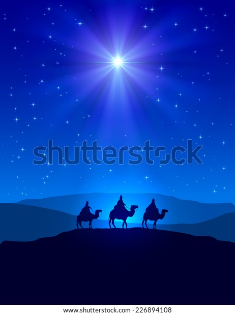 Christian Christmas night with shining star\
on blue sky and three wise men,\
illustration.