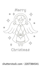 Christian Christmas page with christmas angel for children and adults. Black and white linear vector illustration with an angel holding a Christmas star in his hands. Expanded stroke. 