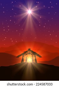 Christian Christmas scene with birth of Jesus and shining star in the sky, illustration.