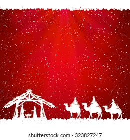 Christian Christmas scene on red background, illustration.