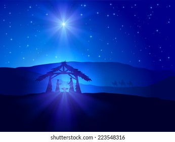 Christian Christmas scene with shining star on blue sky and birth of Jesus, illustration.