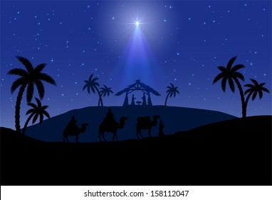 Christian Christmas scene with the three wise men and shining star, illustration.