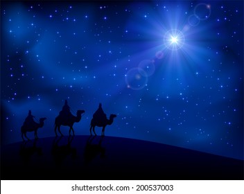 Christian Christmas scene with the three wise men and shining star, illustration.