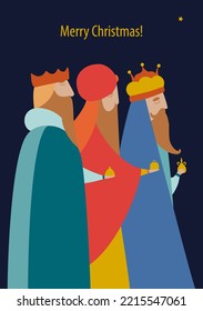 Christian Christmas scene with the three wise men and shining star. Three. Cute cartoon character of three wise men. Happy Three Kings Day. Hand drawn vector illustration.3 wise men bring presents.