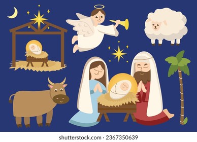 Christian Christmas set in flat cartoon style. This set presented in a charming atmosphere style, beautifully depicts classic Christian scenes within a festive Christmas theme. Vector illustration.