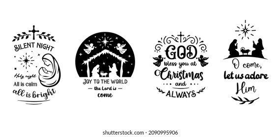 Christian Christmas signs and nativity scene. Religious quote and bible verse. Scenes of the birth of Jesus, symbols and phrases on the theme of Christmas, faith and religion. Vector silhouette illust