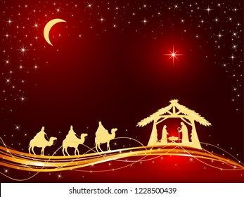 Christian Christmas theme. Birth of Jesus, shining star and three wise men on red background, illustration.