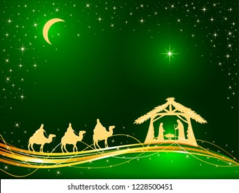 Christian Christmas theme. Birth of Jesus, shining star and three wise men on green background, illustration.