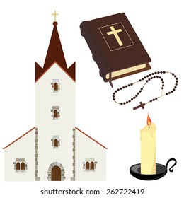 Christian church, brown closed Holy Bible. rosary beads and  candle with black holder vector set isolated