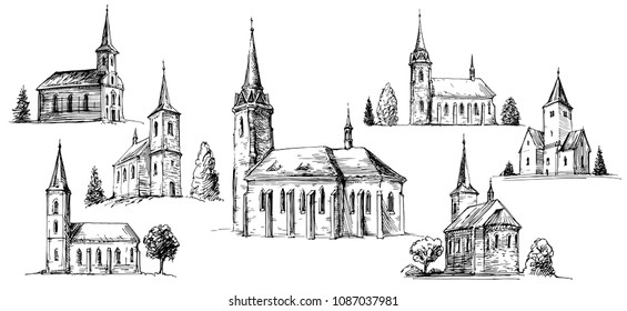 Christian church building, set of hand drawn vector illustration.