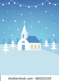 Christian Church Building and Snowy Hills Christmas Card or Poster. Flat Vector Design.