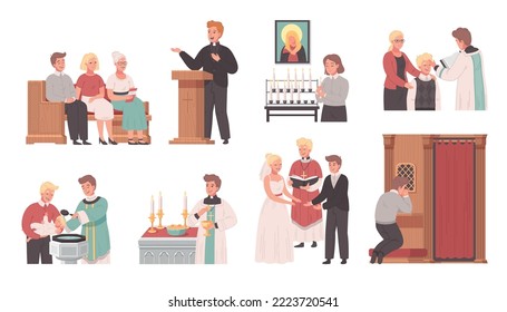 Christian church cartoon icons set with different mass services isolated vector illustration