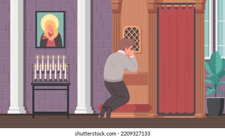 Christian church cartoon with man praying on his knees vector illustration