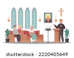 Christian church cartoon scene with priest serving on mass service vector illustration