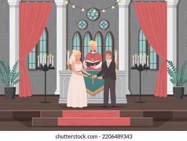 Christian church cartoon scene with priest marshalling wedding service vector illustration