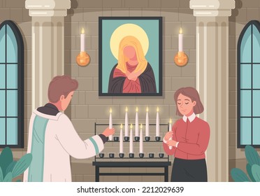 Caricatura de una iglesia cristiana con una mujer sosteniendo una vela quemando en la ilustración vectorial del servicio masivo