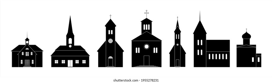 Christian Church, Catholic Chapel and town hall in small town street. Black and white silhouette clipart 