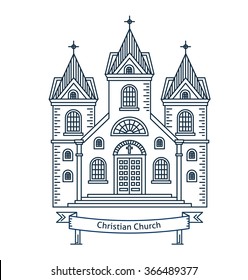 Christian Church. Christian chapel, cathedral, parish. Flat line vector architecture illustration. Outlined religion stroke icon. Religion building. For poster, flyer, web, banner, header, hero image.