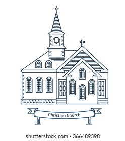 Christian Church. Christian chapel, cathedral, parish. Flat line vector architecture illustration. Outlined religion stroke icon. Religion building. For poster, flyer, web, banner, header, hero image.