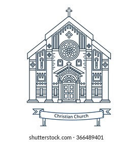 Christian Church. Christian chapel, cathedral, parish. Flat line vector architecture illustration. Outlined religion stroke icon. Religion building. For poster, flyer, web, banner, header, hero image.