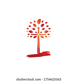 Christian church cross praying tree logo. Christian Sword Church Cross logo design.