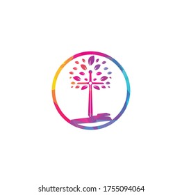 Christian church cross praying tree logo. Christian Sword Church Cross logo design.