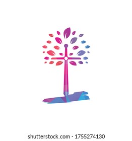 Christian church cross praying tree logo. Christian Sword Church Cross logo design.
