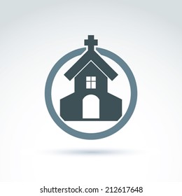 Christian church with a cross. Vector illustration of a temple placed in a circle, religion concept.