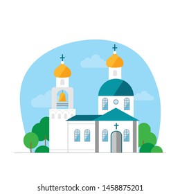 Christian Church with domes and crosses. Against the blue sky and clouds. Nearby there are trees and shrubs. Flat vector on white background.