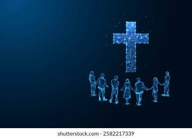 Christian Church, faith, unity, and spirituality futuristic concept with group of people holding hands, looking at glowing cross symbol. Abstract design on dark blue background. Vector illustration