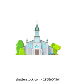 Christian church isolated catholic chapel cartoon icon. Vector exterior facade with trees and vehicle, cathedral or monastery evangelic or orthodox building, holly place for funeral wedding ceremonies