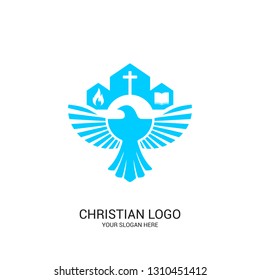 Christian church logo. Bible symbols. The Church of the Lord and Savior Jesus Christ and the symbol of the Holy Spirit is the dove.